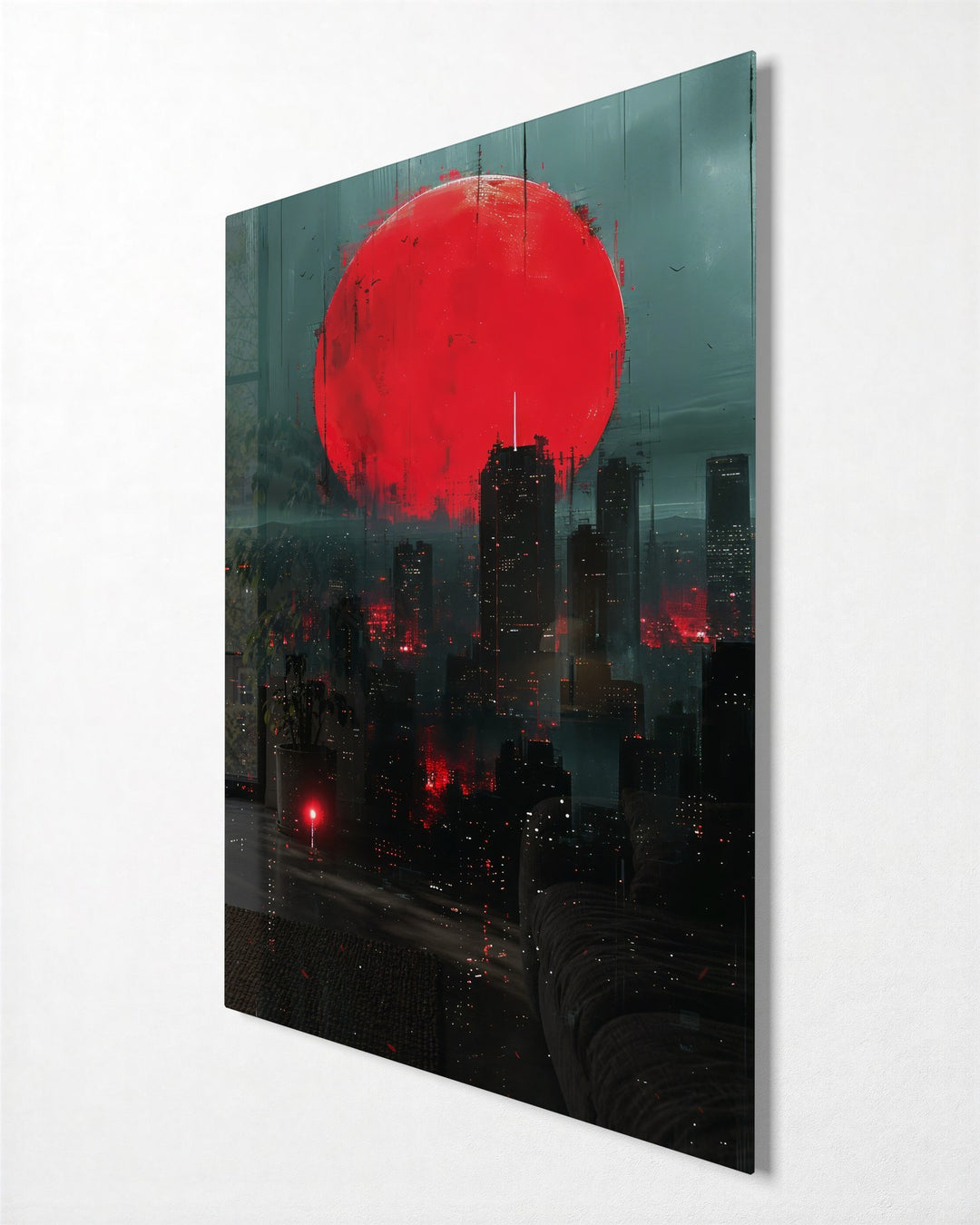 Red Sun Over the City glass wall art, side view