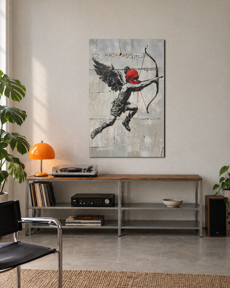 Cupid With a Red Mask glass wall art, lifestyle view