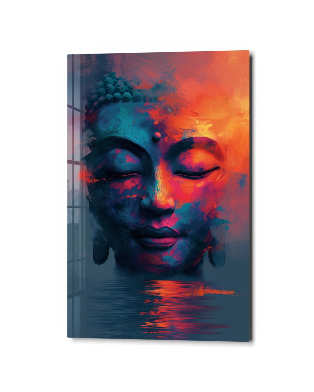 Meditating Face at Dusk glass wall art, studio view