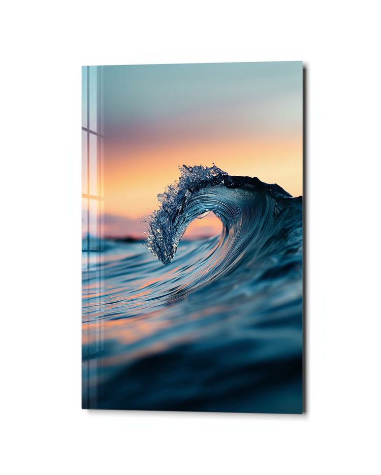 Wave at Sundown glass wall art, studio view
