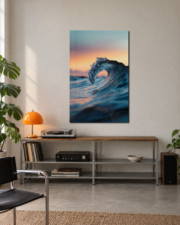 Wave at Sundown glass wall art, lifestyle view