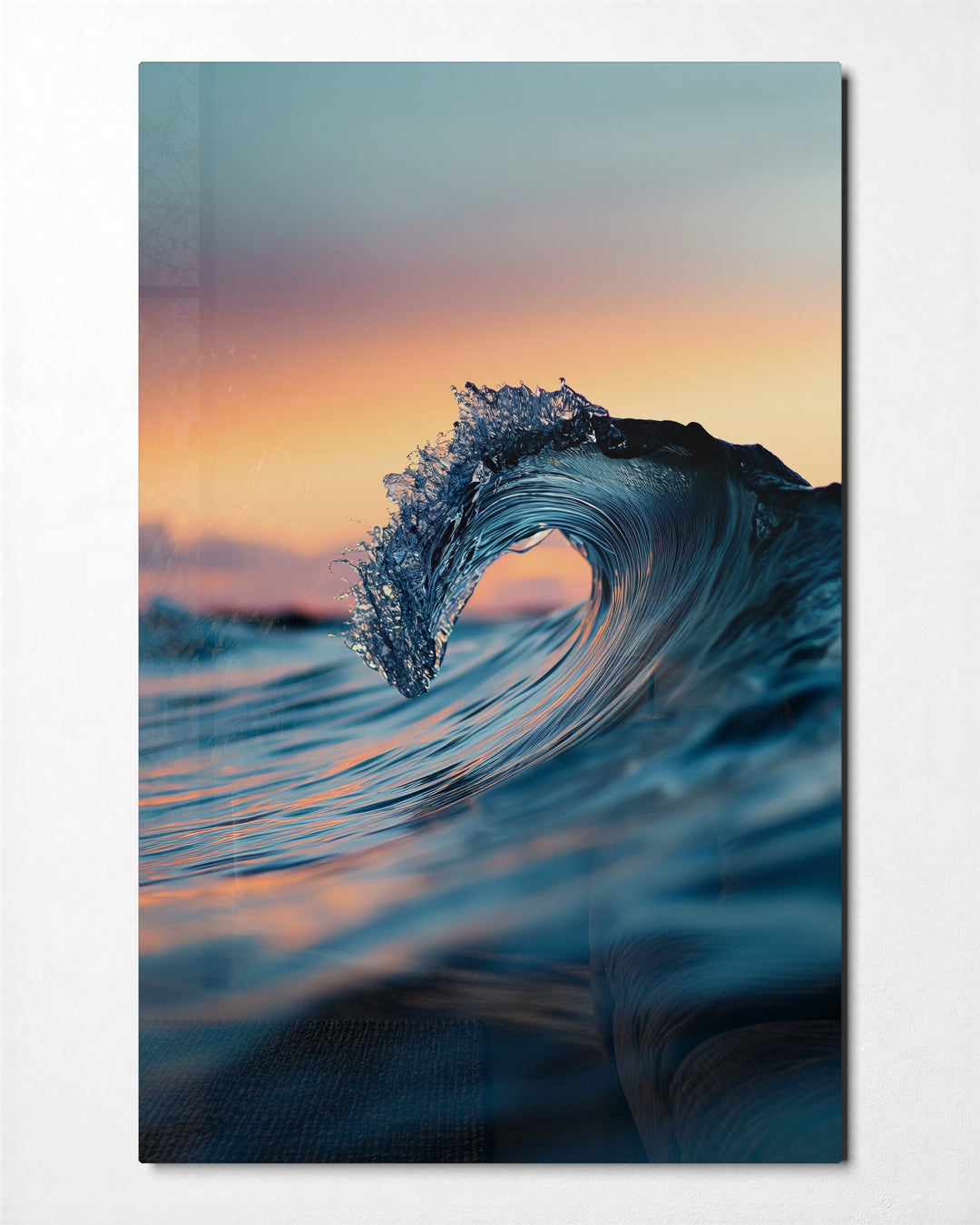Wave at Sundown glass wall art, front view