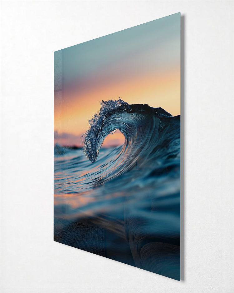 Wave at Sundown glass wall art, side view