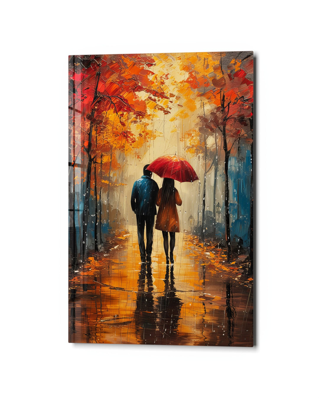 Umbrella Walk in Autumn glass wall art, studio view