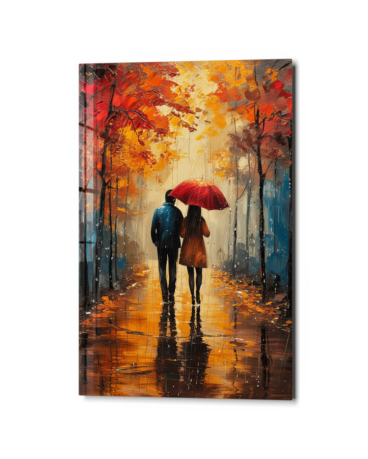 Umbrella Walk in Autumn glass wall art, studio view