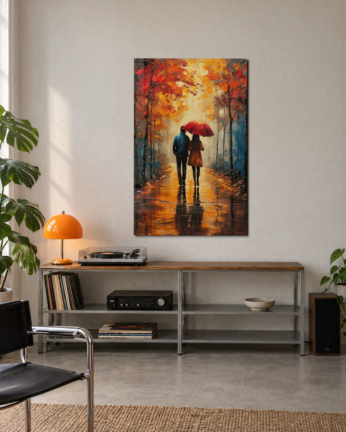 Umbrella Walk in Autumn glass wall art, lifestyle view