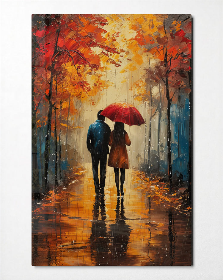 Umbrella Walk in Autumn glass wall art, front view