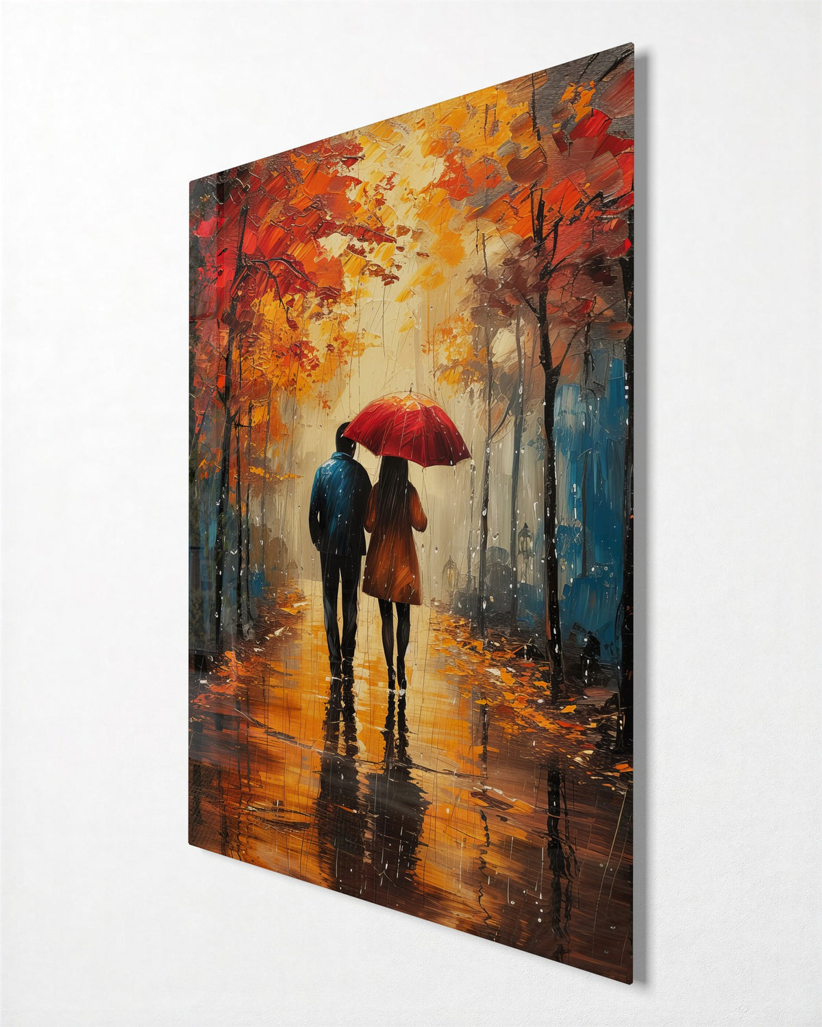 Umbrella Walk in Autumn glass wall art, side view