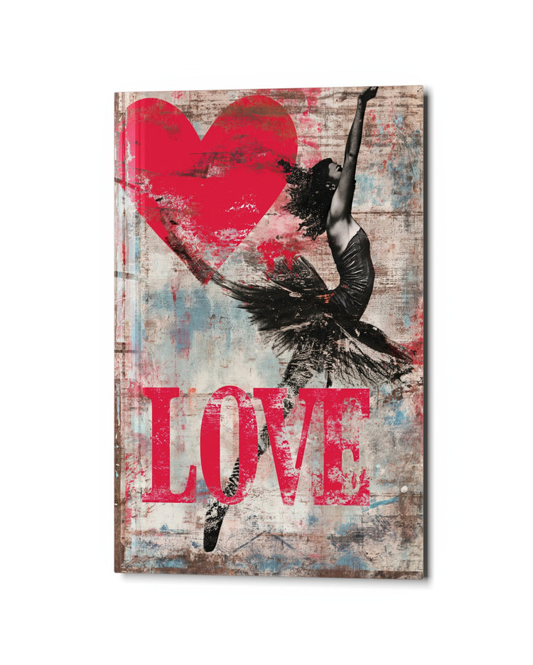 Dancer With a Red Heart glass wall art, studio view