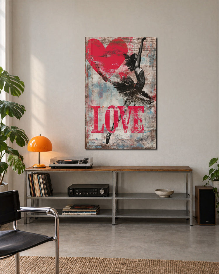 Dancer With a Red Heart glass wall art, lifestyle view