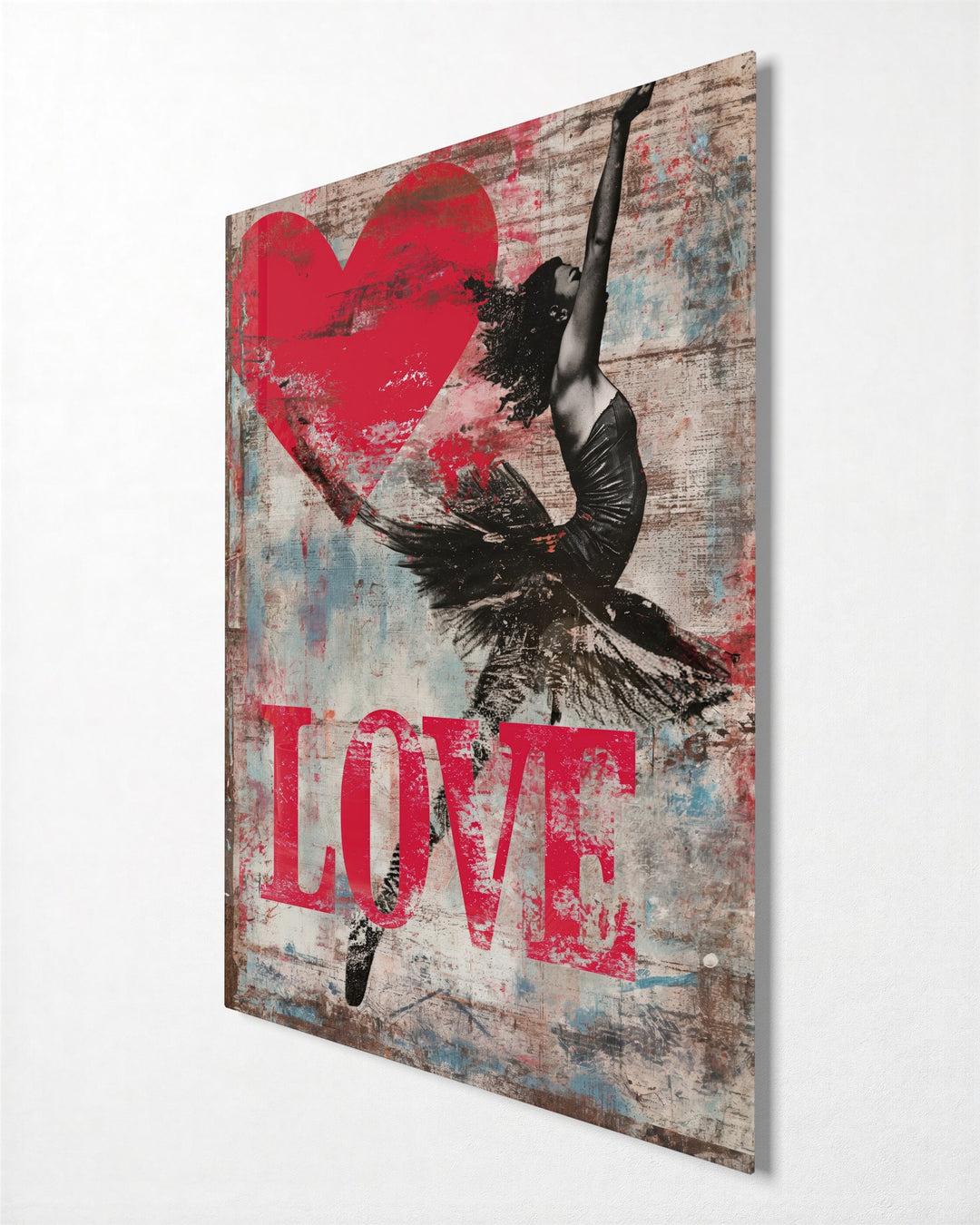 Dancer With a Red Heart glass wall art, side view