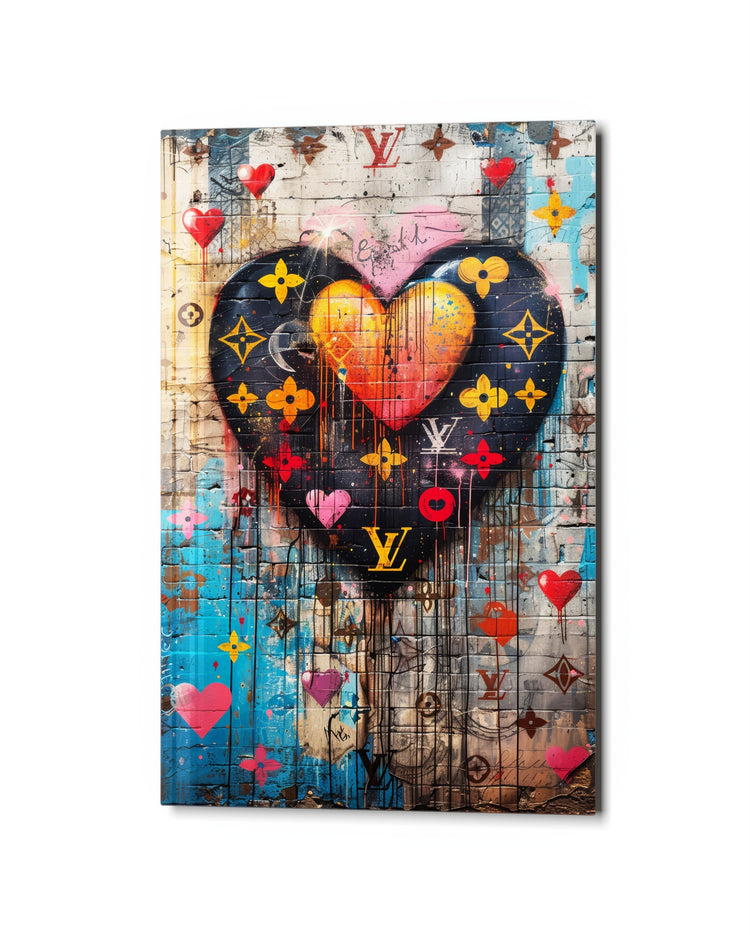 Patterned Heart on Brick glass wall art, studio view