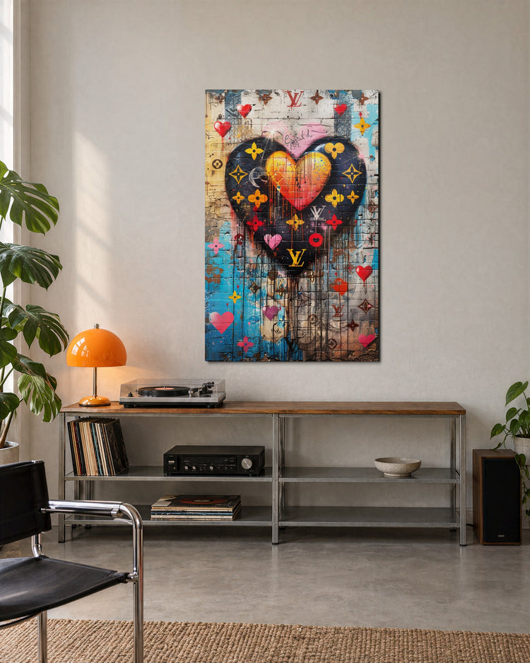 Patterned Heart on Brick glass wall art, lifestyle view