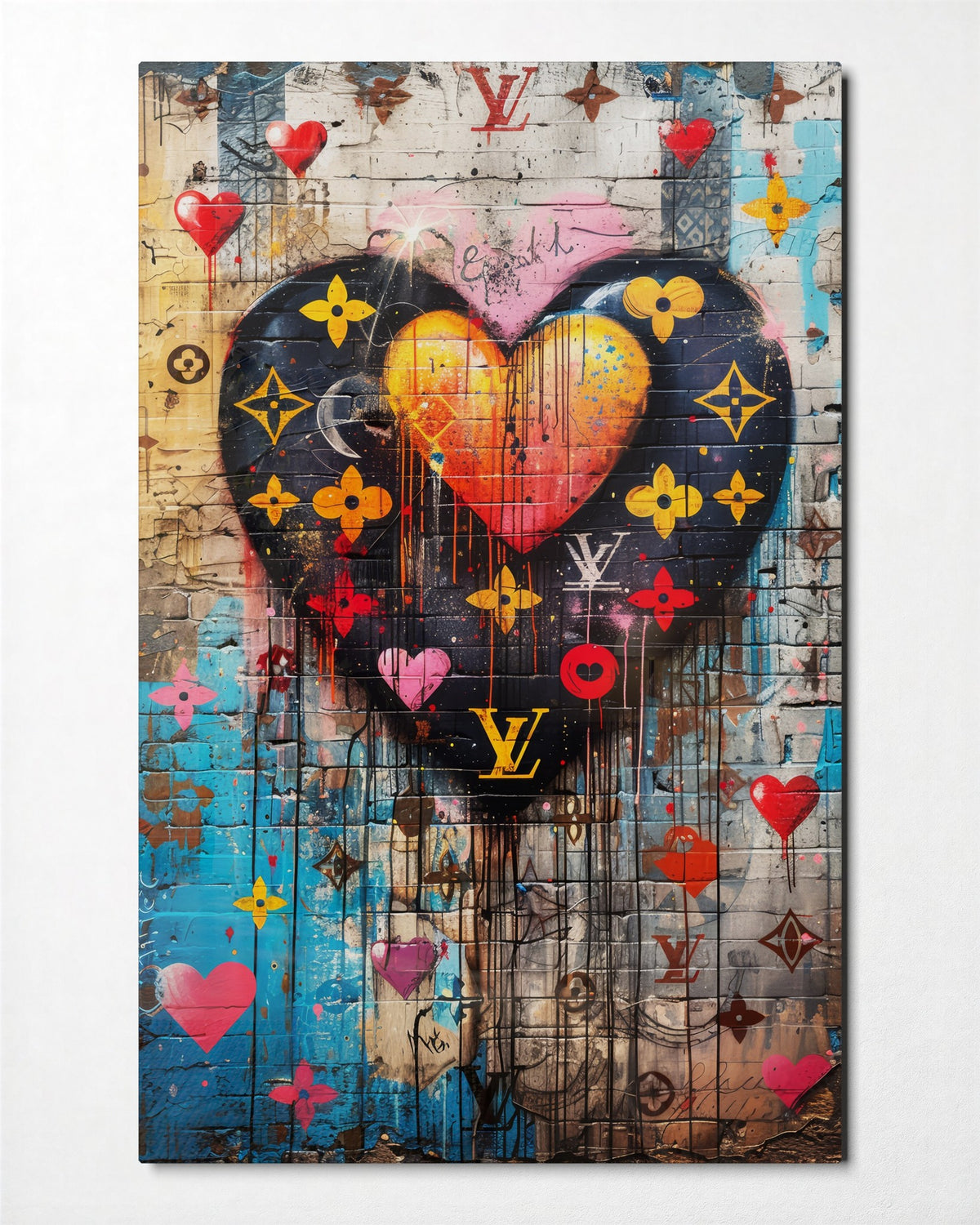 Patterned Heart on Brick glass wall art, front view
