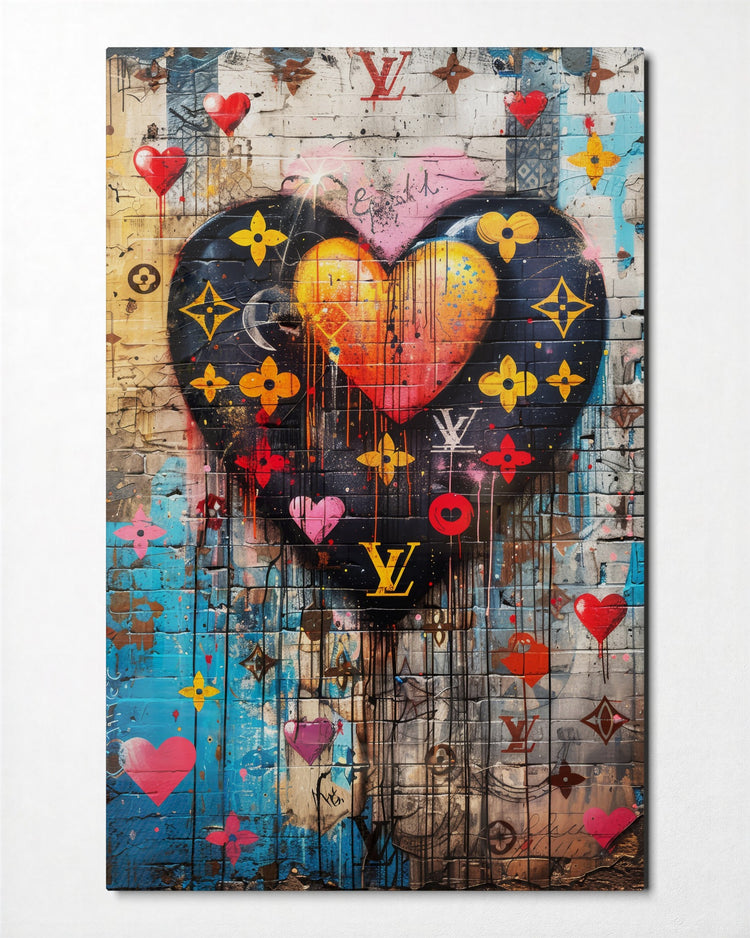 Patterned Heart on Brick glass wall art, front view