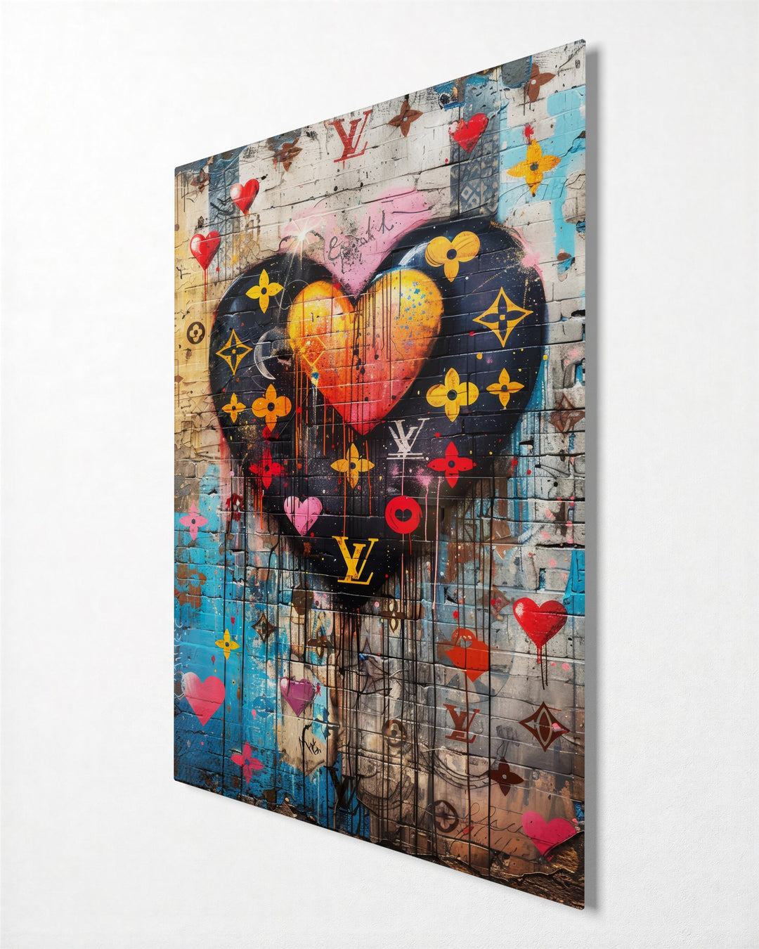 Patterned Heart on Brick glass wall art, side view