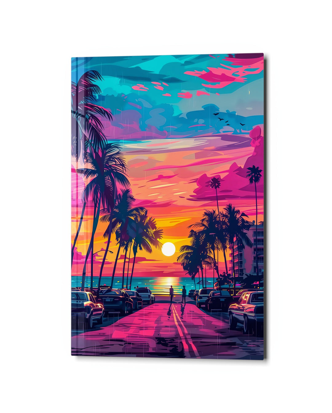 Neon Palm Boulevard Sunset glass wall art, studio view