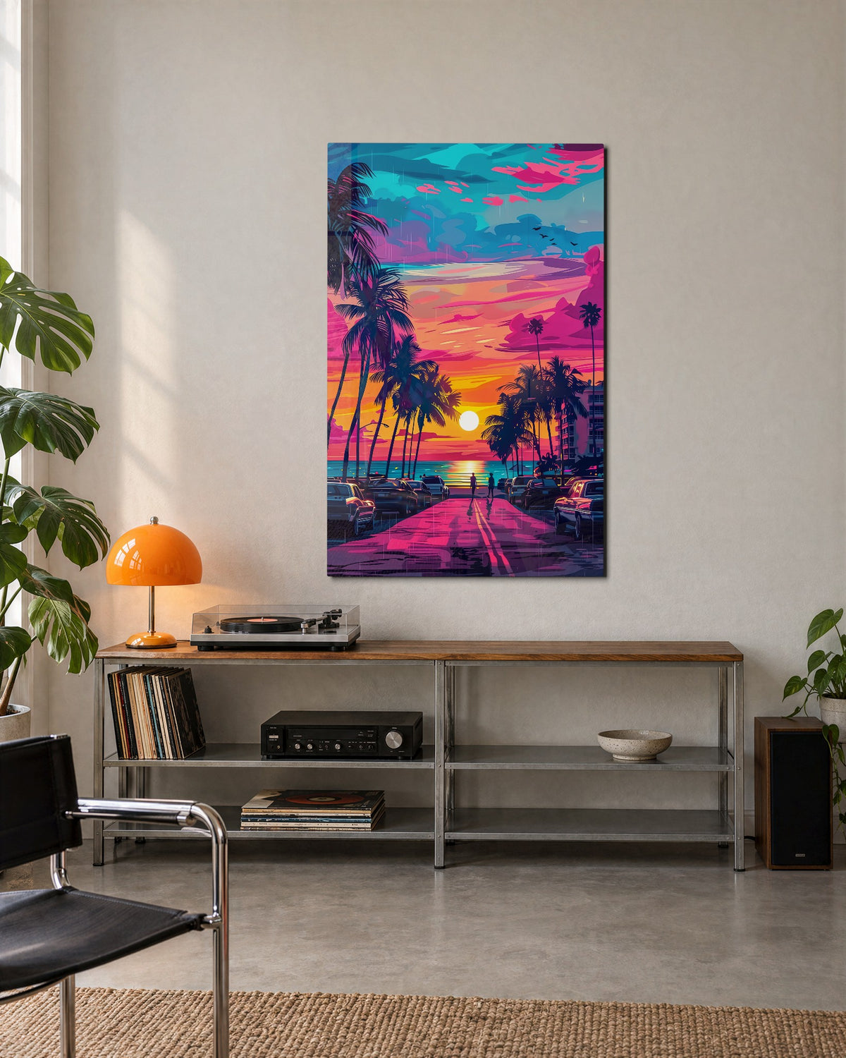 Neon Palm Boulevard Sunset glass wall art, lifestyle view