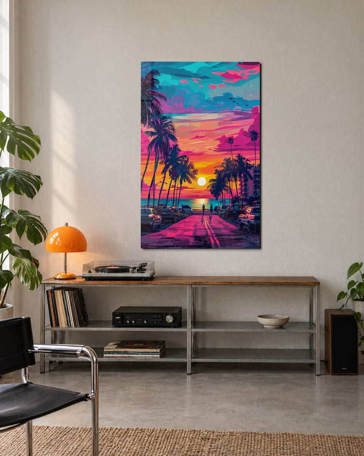 Neon Palm Boulevard Sunset glass wall art, lifestyle view