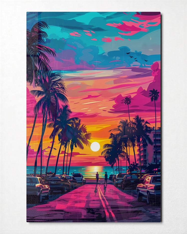 Neon Palm Boulevard Sunset glass wall art, front view
