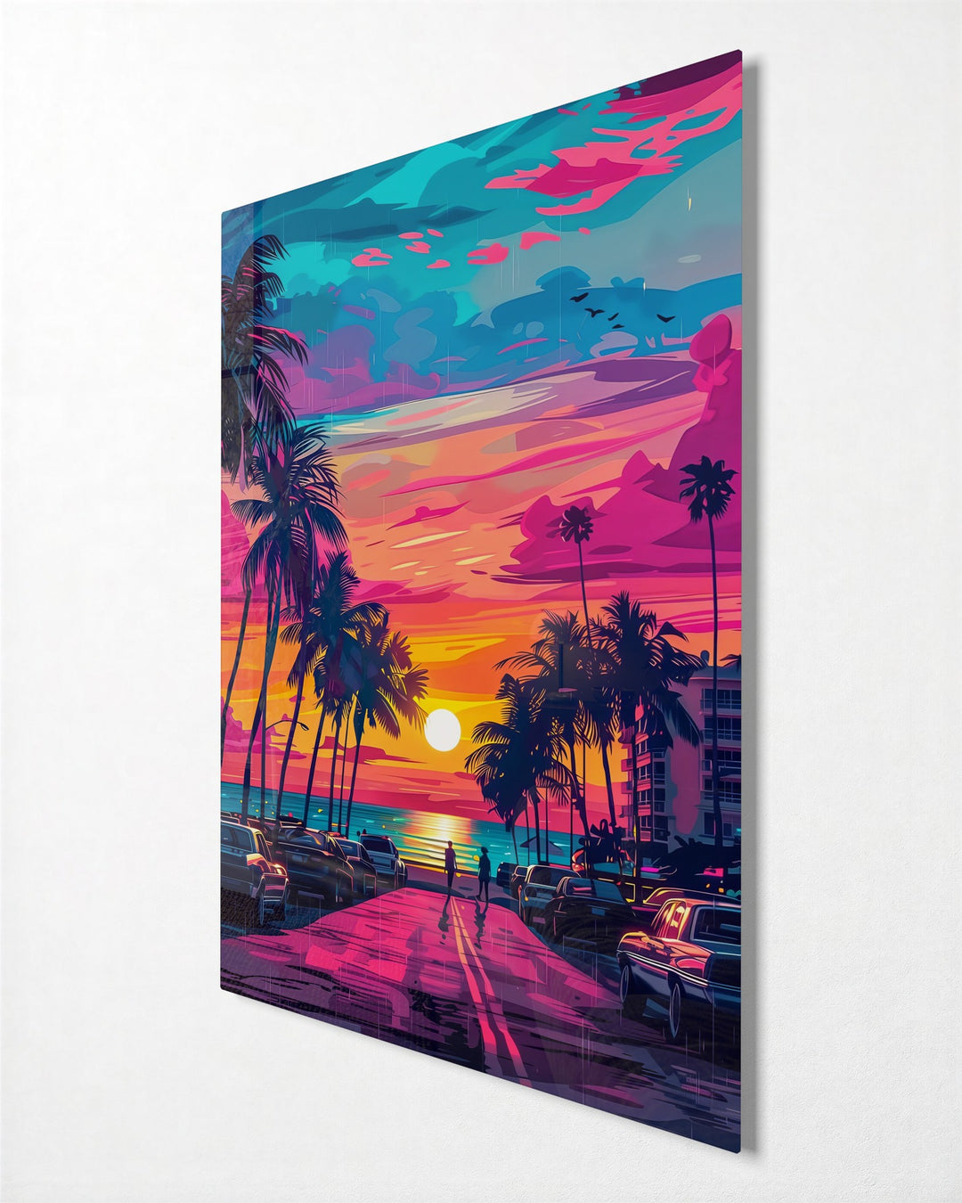 Neon Palm Boulevard Sunset glass wall art, side view