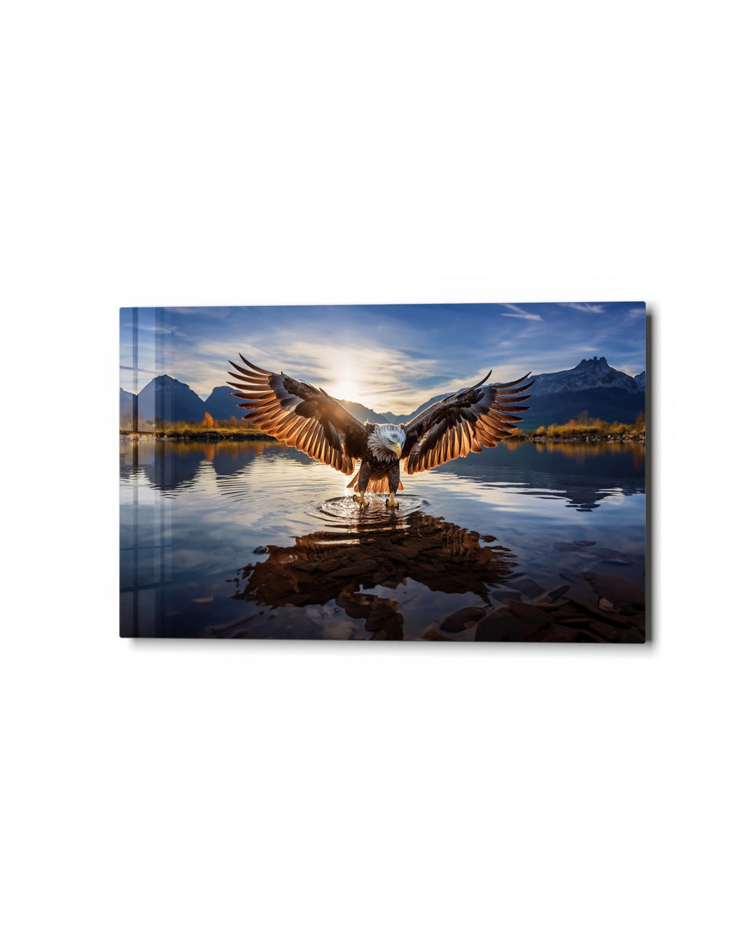 Eagle Landing on the Lake glass wall art, studio view