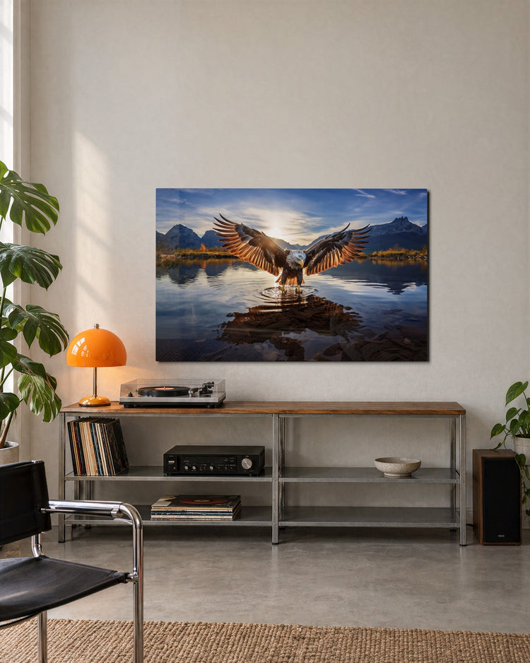 Eagle Landing on the Lake glass wall art, lifestyle view