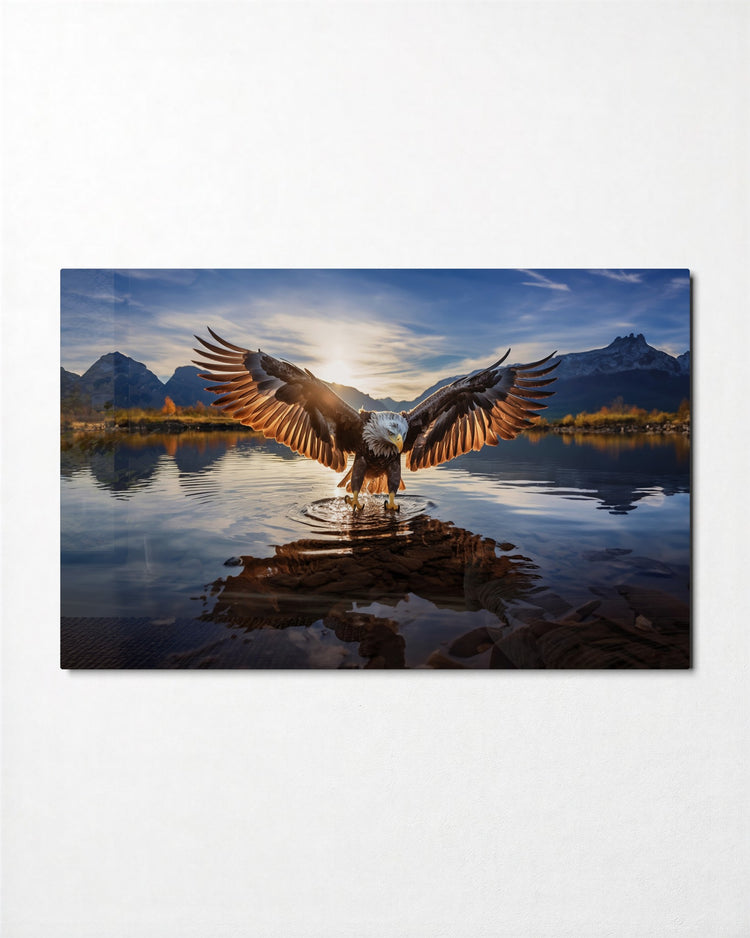 Eagle Landing on the Lake glass wall art, front view