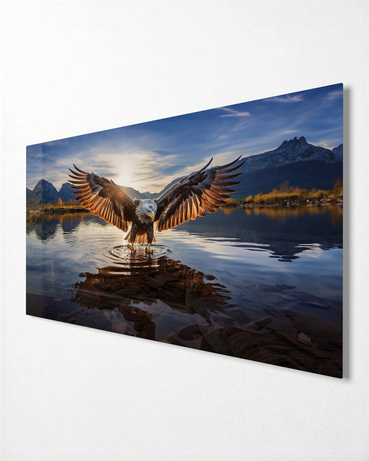 Eagle Landing on the Lake glass wall art, side view