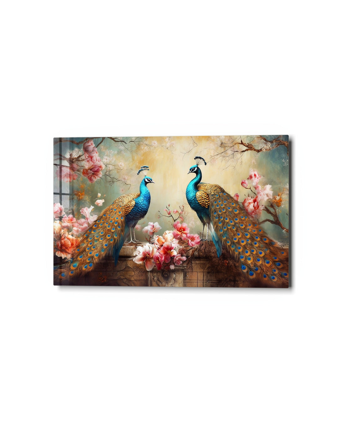 Peacocks in Pink Blossom glass wall art, studio view