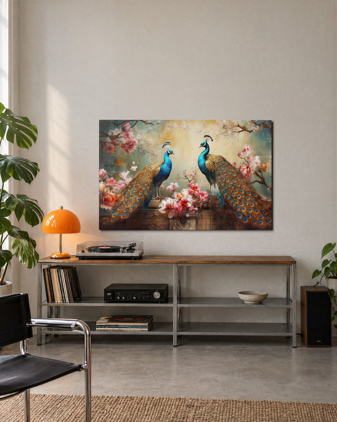Peacocks in Pink Blossom glass wall art, lifestyle view