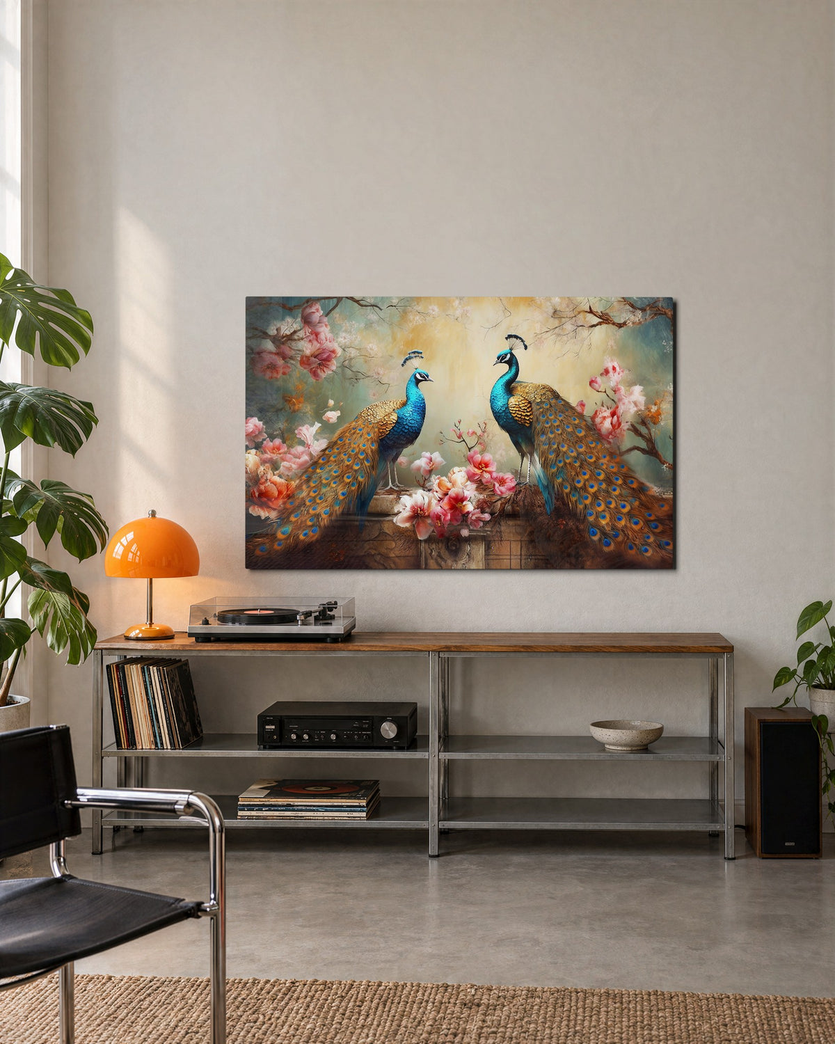 Peacocks in Pink Blossom glass wall art, lifestyle view
