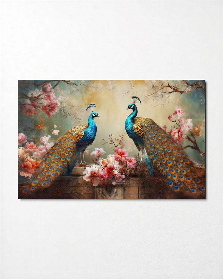 Peacocks in Pink Blossom glass wall art, front view
