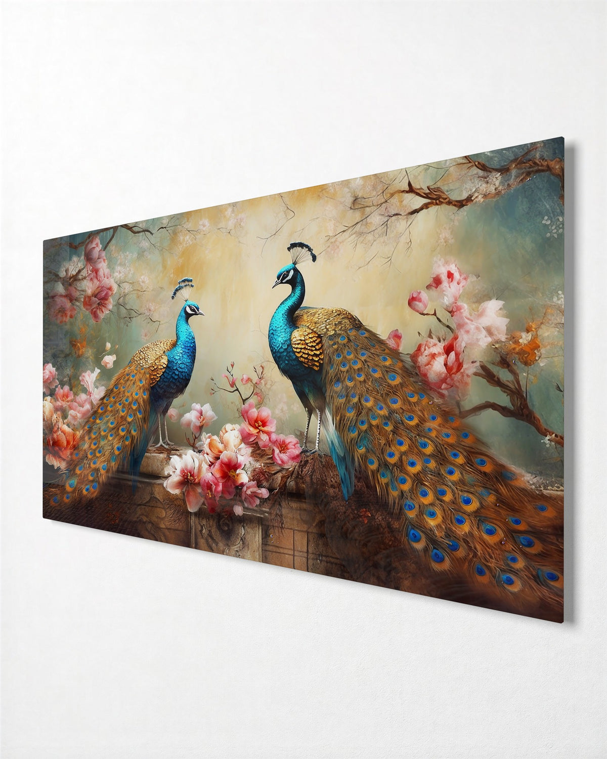 Peacocks in Pink Blossom glass wall art, side view