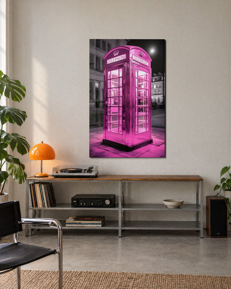Pink Phone Booth at Night glass wall art, lifestyle view