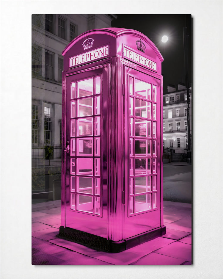 Pink Phone Booth at Night glass wall art, front view