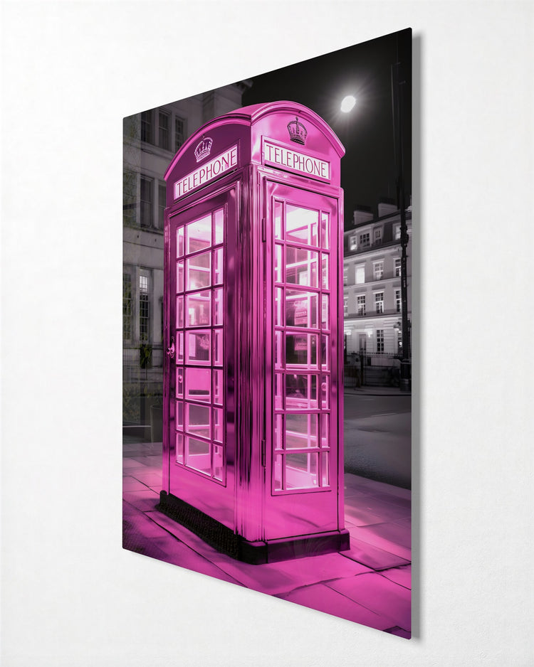 Pink Phone Booth at Night glass wall art, side view