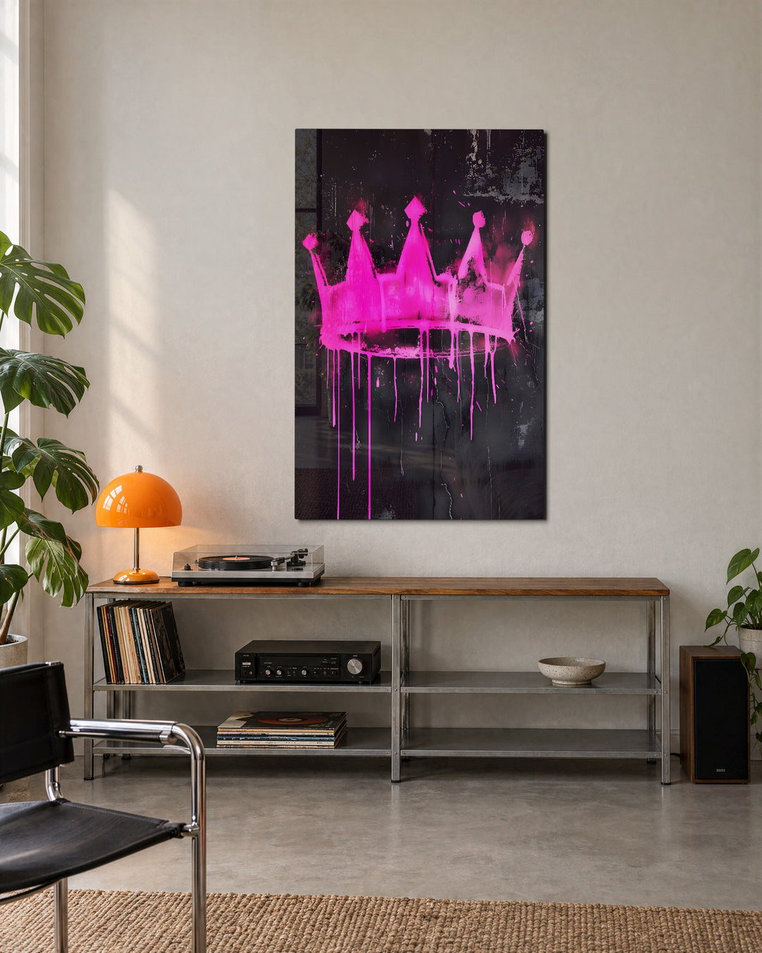 Dripping Pink Crown glass wall art, lifestyle view