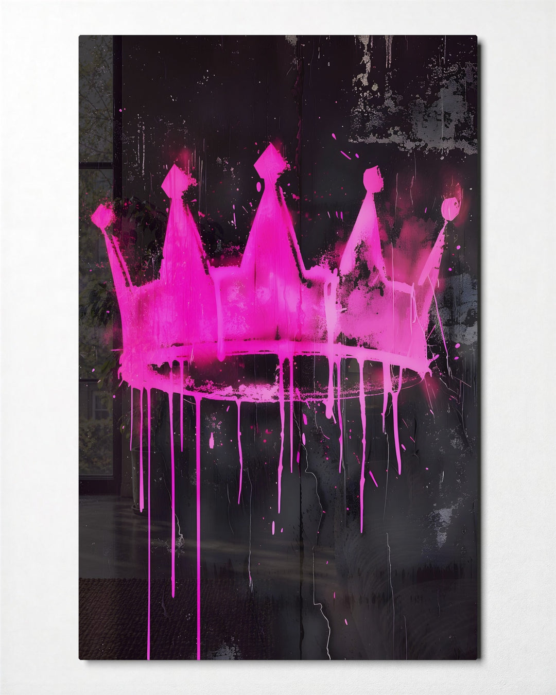 Dripping Pink Crown glass wall art, front view
