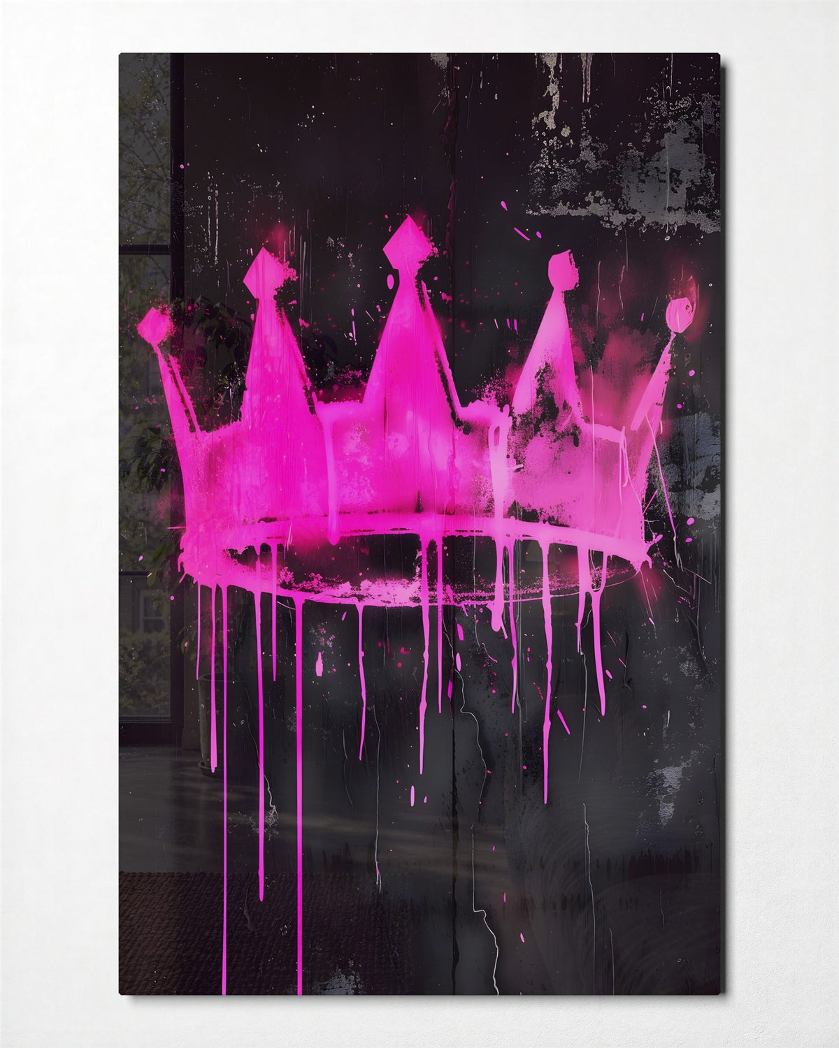 Dripping Pink Crown glass wall art, front view