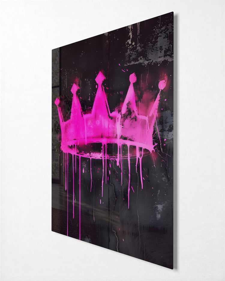 Dripping Pink Crown glass wall art, side view
