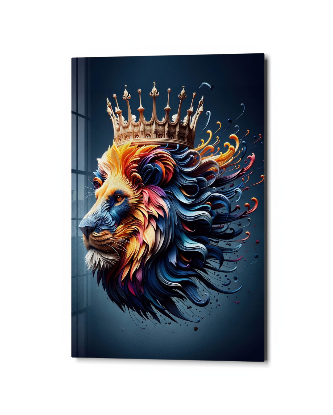 Crowned Lion in Color glass wall art, studio view