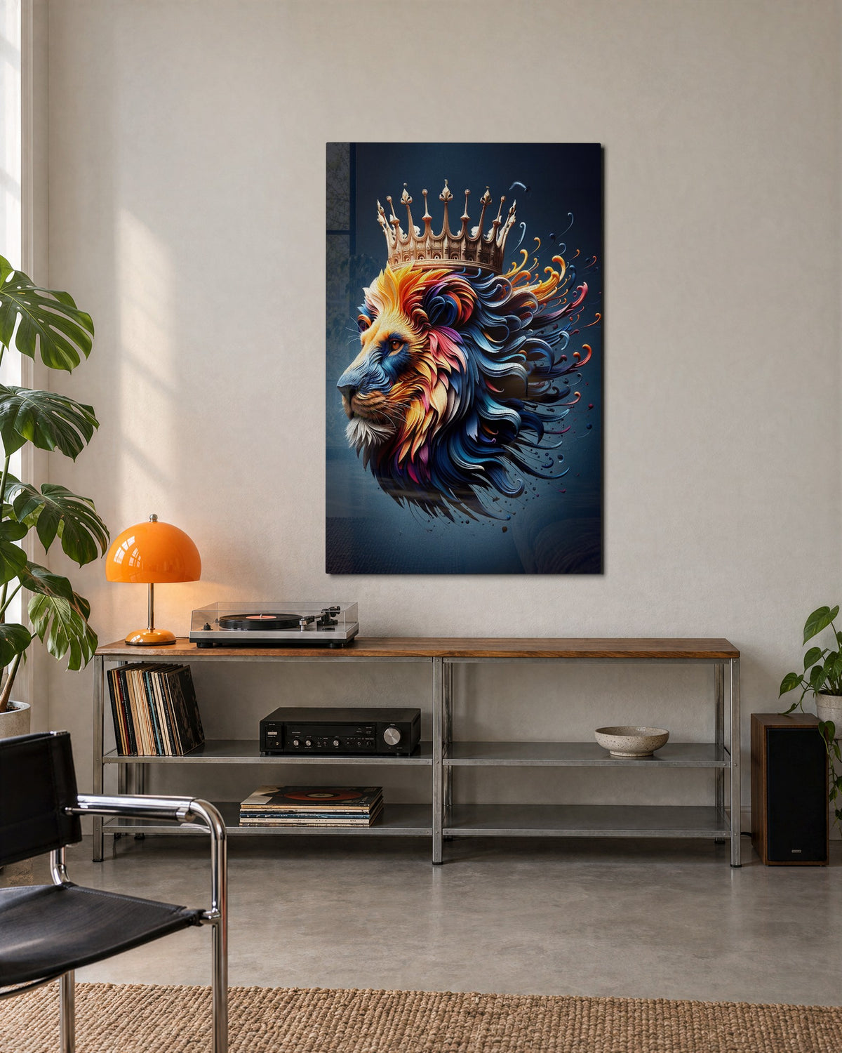 Crowned Lion in Color glass wall art, lifestyle view