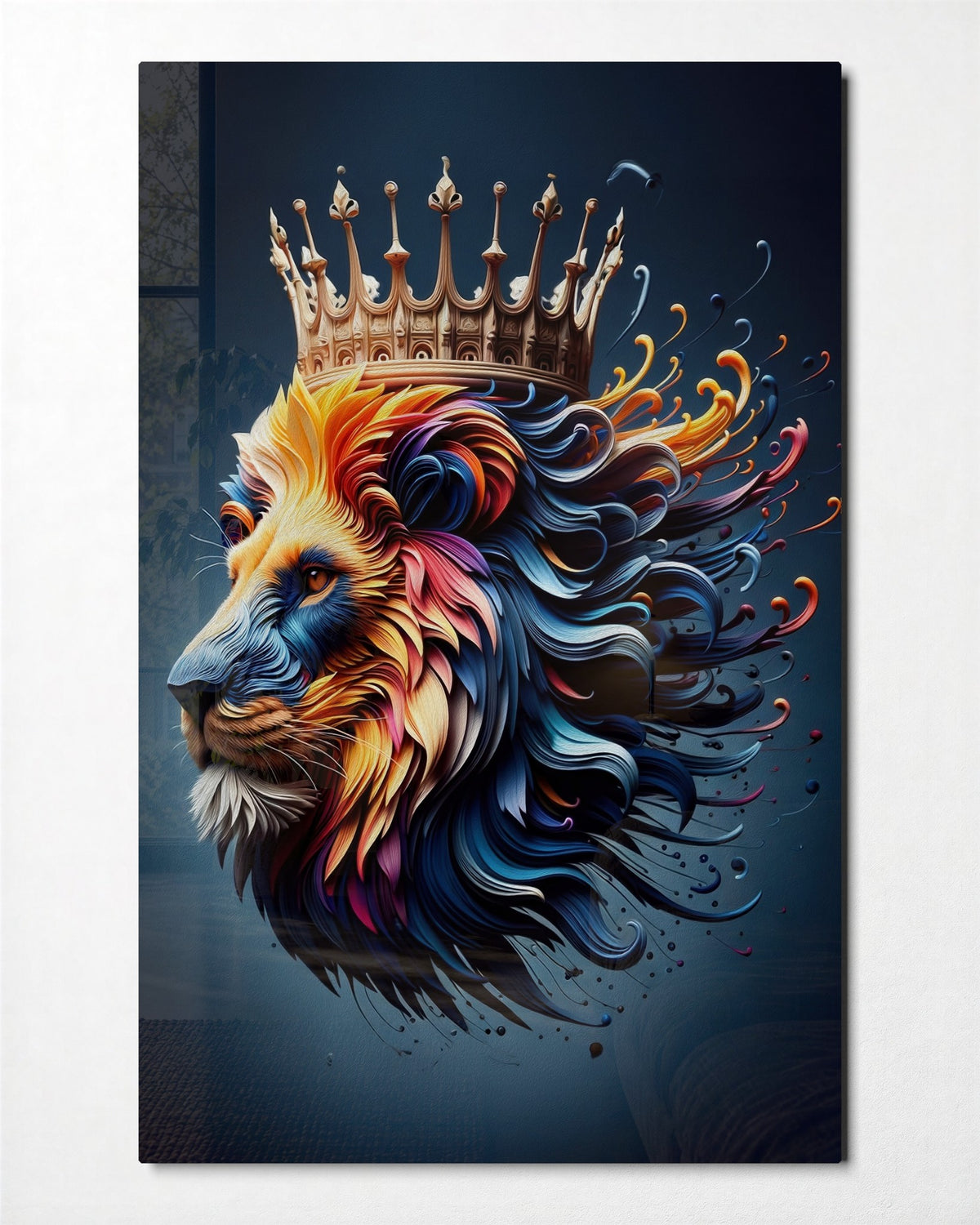 Crowned Lion in Color glass wall art, front view