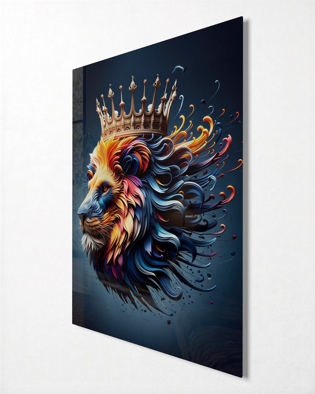 Crowned Lion in Color glass wall art, side view