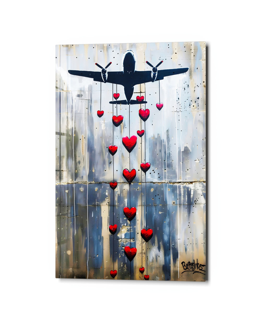 Bomber Dropping Hearts glass wall art, studio view
