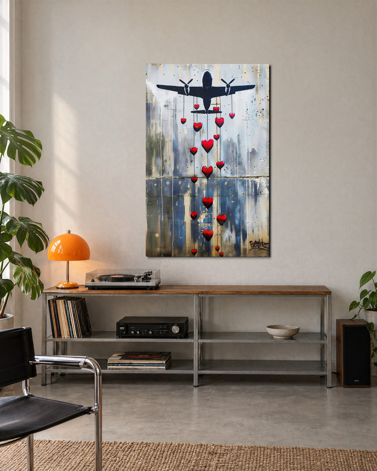 Bomber Dropping Hearts glass wall art, lifestyle view