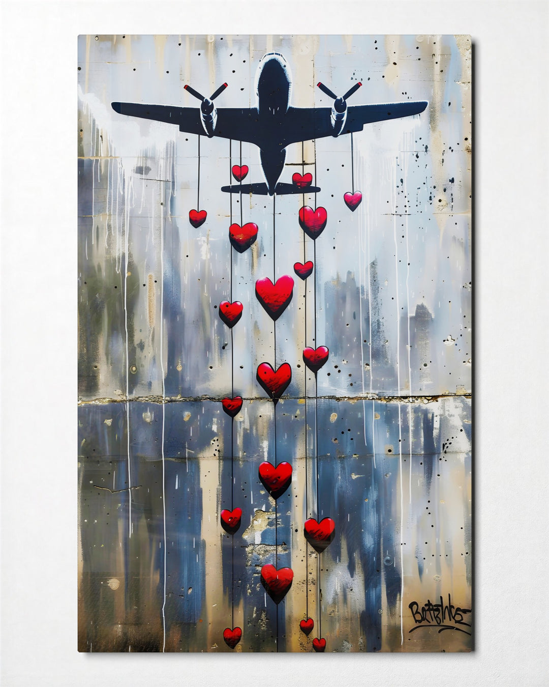 Bomber Dropping Hearts glass wall art, front view