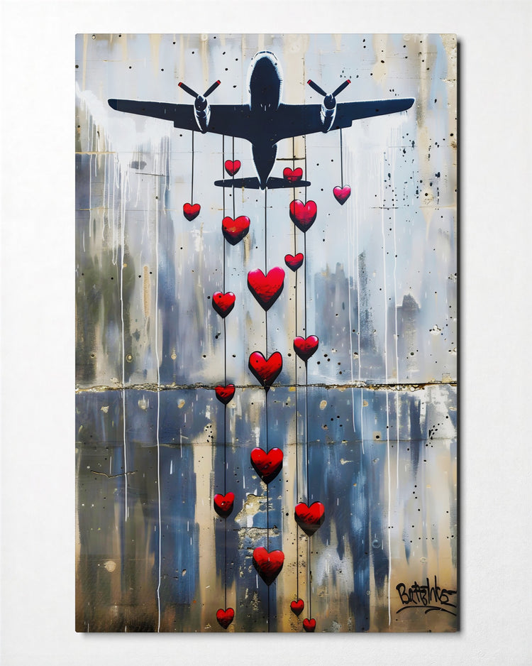 Bomber Dropping Hearts glass wall art, front view