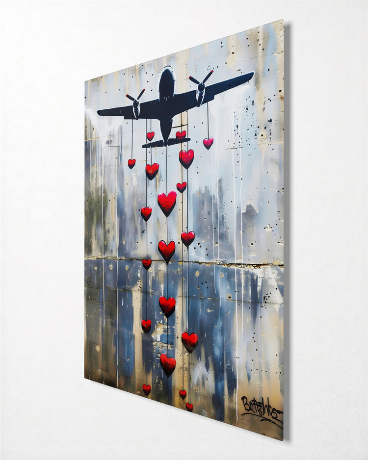 Bomber Dropping Hearts glass wall art, side view